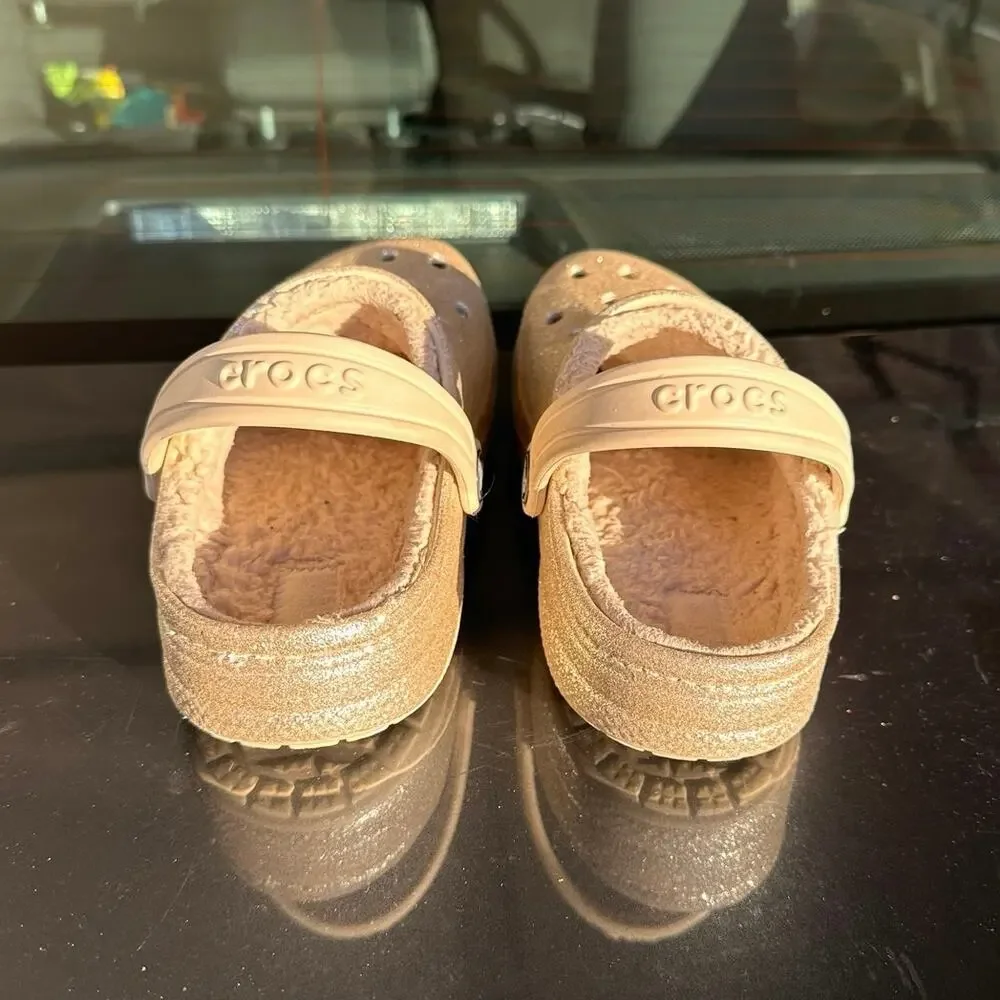 Crocs Little Kids Baya Lined Fuzzy Glitter Clogs Girls Size J 1 Gold‎